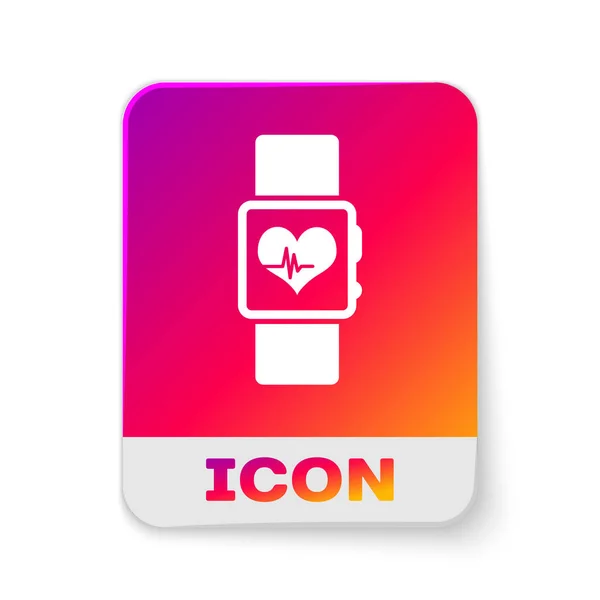 Reloj inteligente blanco que muestra el icono de ritmo cardíaco aislado sobre fondo blanco. Concepto de aplicación Fitness. Botón de color rectángulo. Ilustración vectorial — Vector de stock