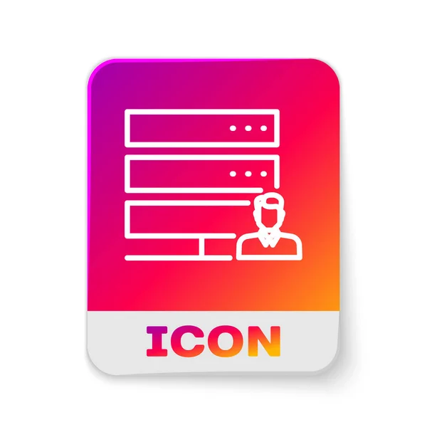 Serverikon til hvit kunde isolert på hvit bakgrunn. Teknisk støtte-konsept med mannlig operatør. Signal til sentralen. Rektangulær fargeknapp. Vektorbelysning – stockvektor