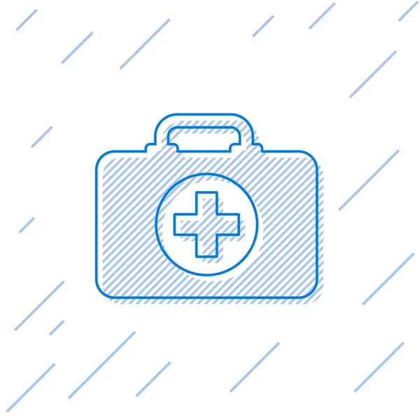 Blue First P3K kit line icon terisolasi pada latar belakang putih. Kotak medis dengan salib. Peralatan medis untuk keadaan darurat. Konsep perawatan kesehatan. Ilustrasi Vektor - Stok Vektor