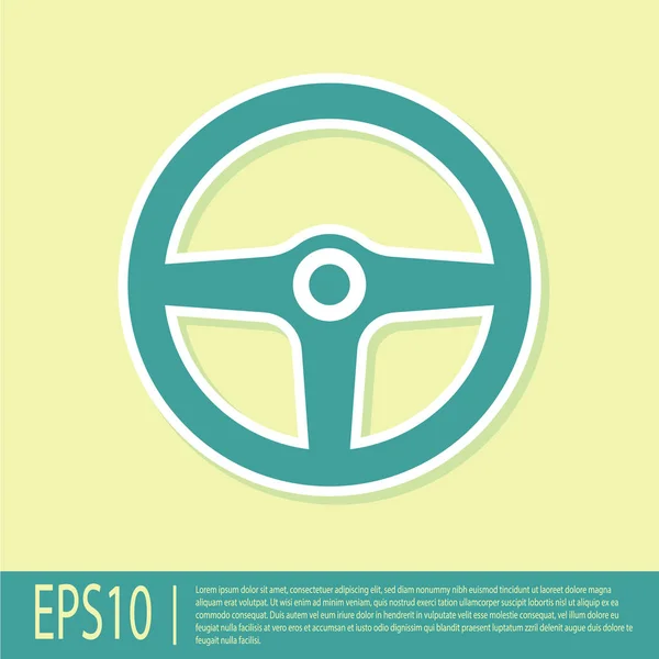 Green Steering wheel icon isolated on yellow background. Car wheel icon. Vector Illustration