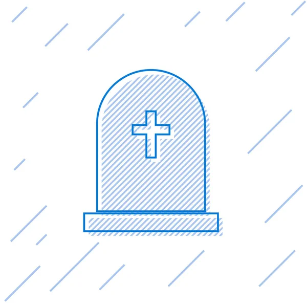 Blauwe tombstone met kruis lijn pictogram geïsoleerd op witte achtergrond. Graf icoon. Vector illustratie — Stockvector