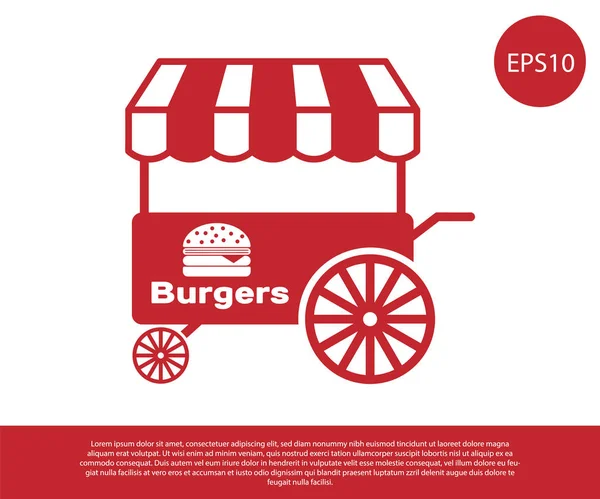 Red Fast carrinho de comida de rua com ícone toldo isolado no fundo branco. Ícone de hambúrguer ou hambúrguer. Quiosque urbano. Ilustração vetorial — Vetor de Stock