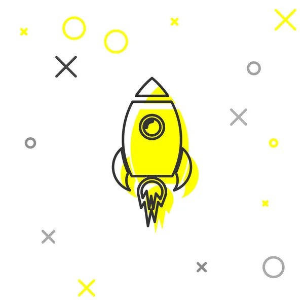 Grey Rocket ship with fire line icon isolated on white background. Space travel. Vector Illustration