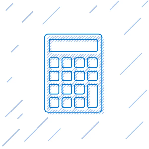 Ikona čáry modré kalkulačky je izolována na bílém pozadí. Účetní symbol. Obchodní výpočty matematika vzdělání a finance. Vektorová ilustrace — Stockový vektor
