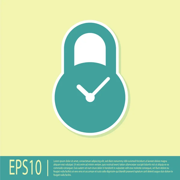Green Padlock with clock icon isolated on yellow background. Time control concept. Lock and countdown, deadline, schedule, planning symbol. Vector Illustration