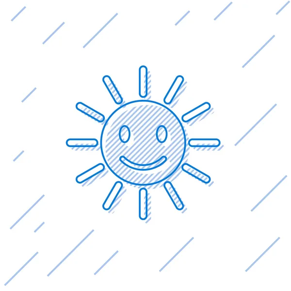 Azul Lindo sol con icono de línea de sonrisa aislado sobre fondo blanco. Divertido sol sonriente. Feliz sonrisa soleada. Ilustración vectorial — Archivo Imágenes Vectoriales