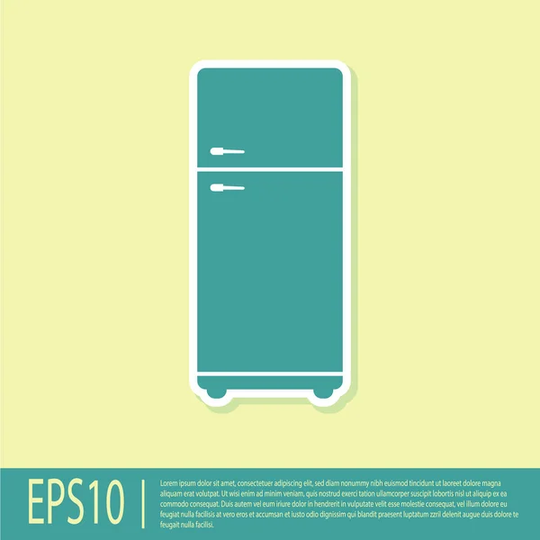 Green Refrigerator icon isolated on yellow background. Fridge freezer refrigerator. Household tech and appliances. Flat design. Vector Illustration