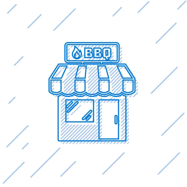 Edifício de compras Blue Barbecue ou ícone de linha de loja de mercado isolado no fundo branco. Festa de churrasco. Construção de loja. Ilustração vetorial — Vetor de Stock