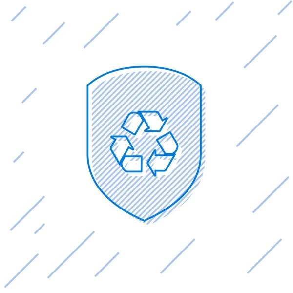 Beyaz arka planda yalıtılmış kalkan çizgisi simgesinin içindeki Mavi Geri Dönüşüm simgesi. Eko koruma işareti. Vektör İllüstrasyonu