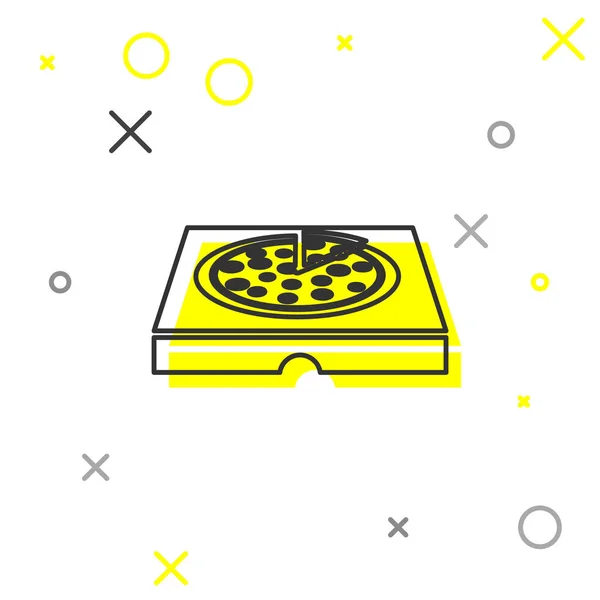 Pizza cinza no ícone da linha da caixa de papelão isolado no fundo branco. Caixa com elementos de layout. Ilustração vetorial — Vetor de Stock