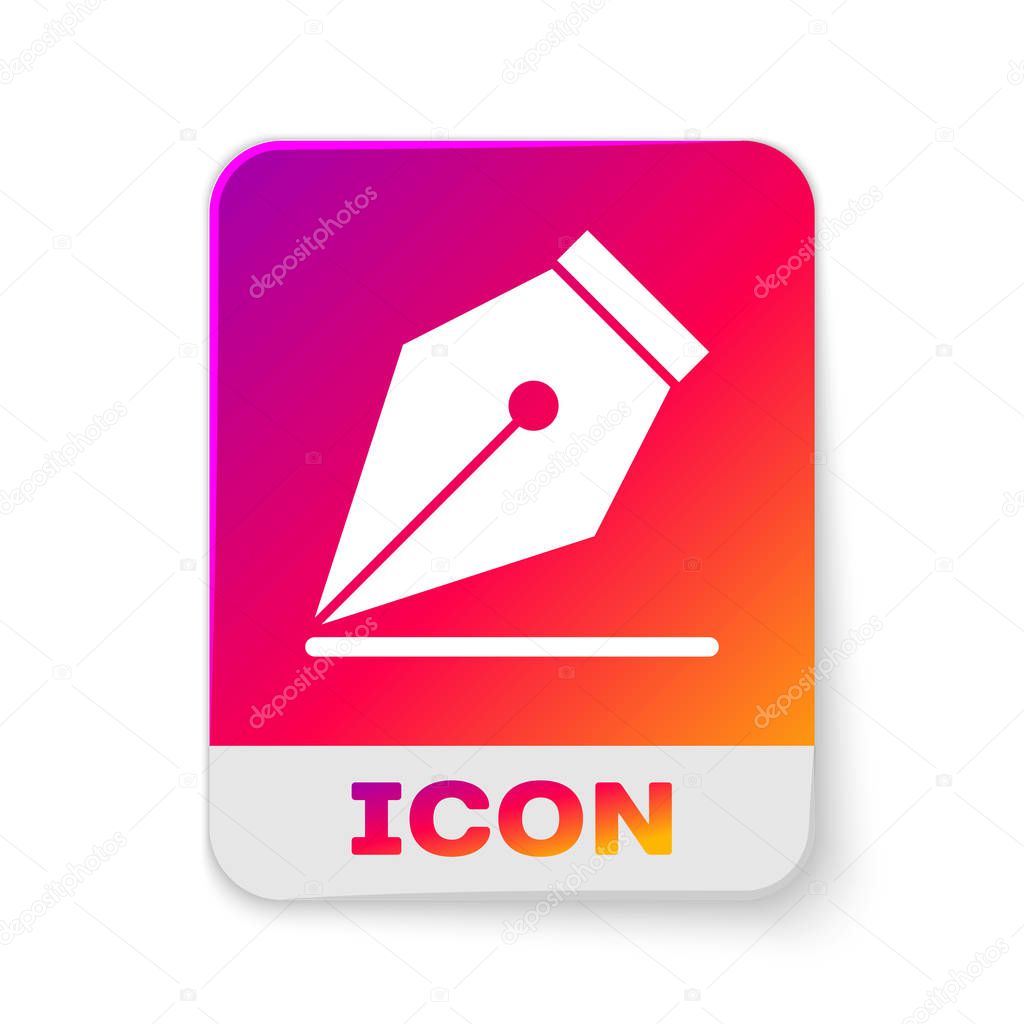 White Fountain pen nib icon isolated on white background. Pen tool sign. Rectangle color button. Vector Illustration