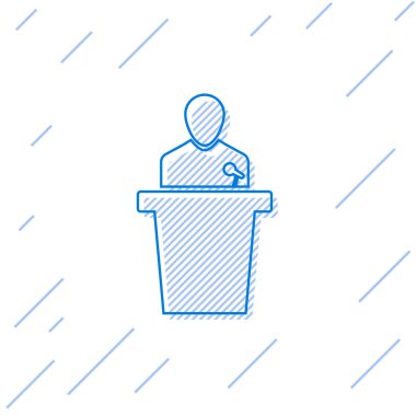 Beyaz arka planda yalıtılmış Mavi Hoparlör çizgi simgesi. Hatip tribünden konuşuyor. Halka açık konuşma. Podyumdaki kişi. Vektör İllüstrasyonu