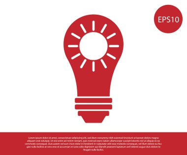 Kırmızı Güneş enerji paneli simgesi beyaz arka plan üzerinde izole. Güneş ve ampul. Vektör İllüstrasyonu