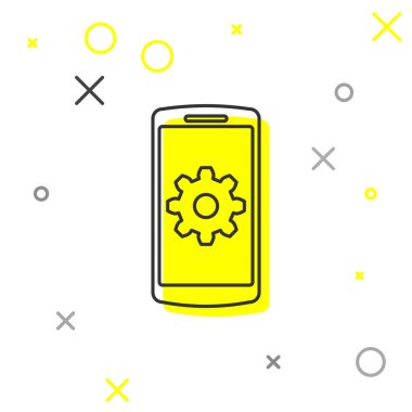 Beyaz arka planda yalıtılmış akıllı telefon ekran çizgisi simgesinde Gri Ayar. Cep telefonu ve vites işareti. Uygulamayı ayarlama, seçenekleri ayarlama, onarım, telefon kavramlarını düzeltme. Vektör İllüstrasyonu