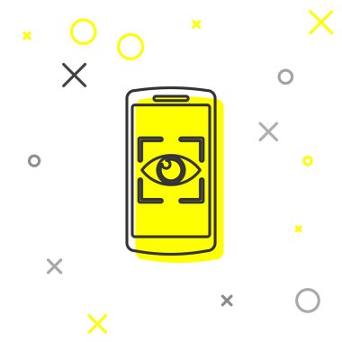 Gri Cep telefonu ve göz tonu simgesi beyaz arka plan üzerinde izole. Tarama gözü. Güvenlik kontrolü sembolü. Siber göz işareti. Vektör İllüstrasyonu