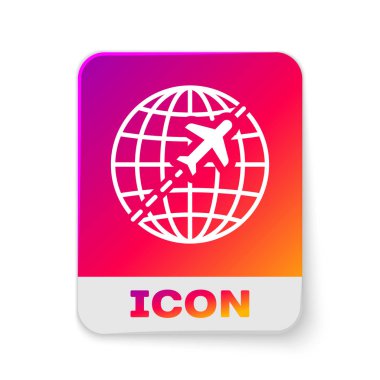 Beyaz arka planda izole uçan uçak simgesi ile Beyaz Küre. Uçak dünya gezegeninin etrafında uçar. Uçak dünya simgesi. Dikdörtgen renk düğmesi. Vektör İllüstrasyonu