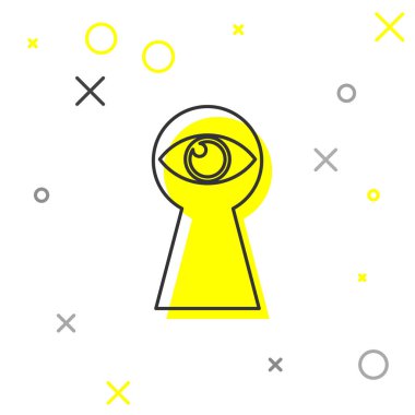 Beyaz arka planda izole edilmiş göz çizgisi simgesine sahip gri Anahtar Deliği. Göz anahtar deliğine bakar. Anahtar deliği göz deliği. Vektör İllüstrasyonu