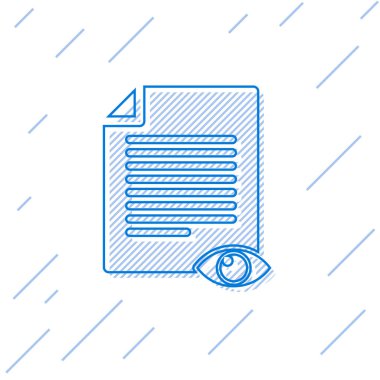 Beyaz arka planda izole edilmiş göz simgesi simgesine sahip Mavi Kağıt sayfası. Bilgi dosyası işaretini açın. Vektör İllüstrasyonu