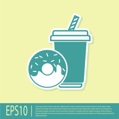 Yeşil Soda içme saman ve donut simgesi sarı arka plan üzerinde izole ile içki. Fast food sembolü. Vektör İllüstrasyonu