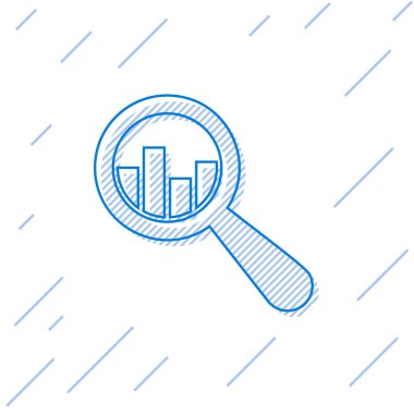 Mavi Büyüteç ve veri analizi çizgi simgesi beyaz arka plan üzerinde izole. Vektör İllüstrasyonu