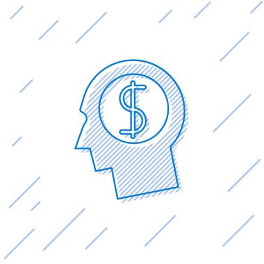 Mavi İş adam planlama zihin hattı simgesi beyaz arka plan üzerinde izole. Dolar sembolü olan insan kafası. Fikir para kazanmak için. İş yatırım büyüme kavramı. Vektör İllüstrasyonu