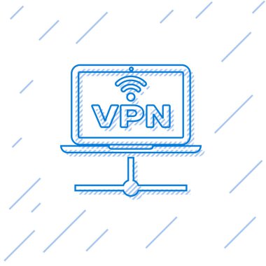 Mavi Vpn Bilgisayar ağ çizgisi simgesi beyaz arka planda yalıtılmış. Dizüstü bilgisayar ağı. İnternet bağlantısı. Vektör İllüstrasyonu