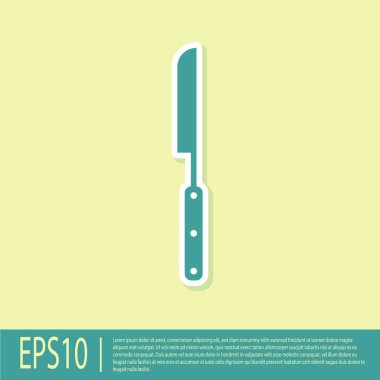 Yeşil Barbekü bıçak simgesi sarı arka plan üzerinde izole. Mutfak bıçağı simgesi. Barbekü bıçak işareti. Barbekü ve ızgara aracı. Vektör İllüstrasyonu