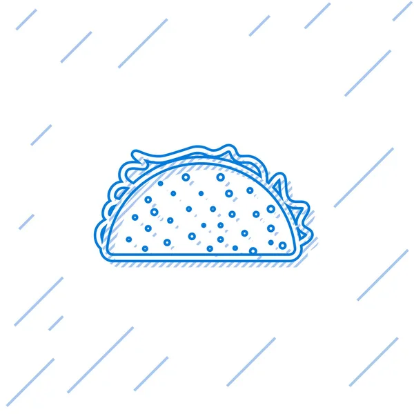 Blauer Taco mit Tortilla-Linie-Symbol auf weißem Hintergrund. traditionelles mexikanisches Fast Food. Vektorillustration — Stockvektor
