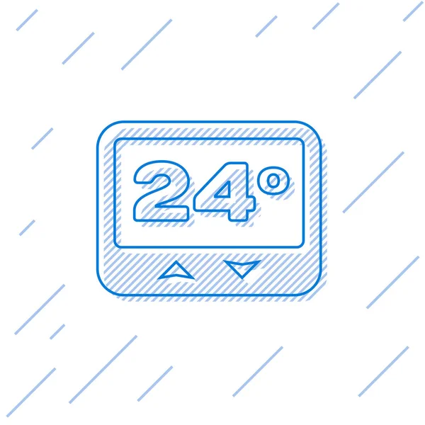 Blauwe thermostaat lijn icoon geïsoleerd op witte achtergrond. Temperatuurregeling. Vector illustratie — Stockvector