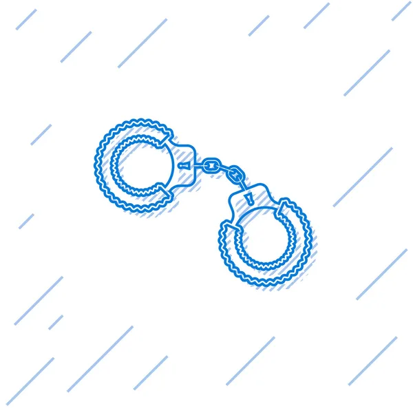 Blue line Sexy fluffy handcuffs icon isolated on white background. Handcuffs with fur. Fetish accessory. Sex shop stuff for sadist and masochist.  Vector Illustration — Stock Vector