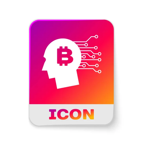 Witte Bitcoin denk icoon geïsoleerd op witte achtergrond. Cryptogeld hoofd. Blockchain-technologie, bitcoin, digitale geldmarkt, cryptocoin wallet. Rechthoek kleur knop. Vector illustratie — Stockvector