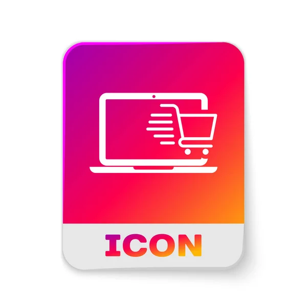 屏幕笔记本电脑图标上的白色购物车与白色背景隔离。电子商务、电子商务、在线商务营销的概念。矩形彩色按钮.病媒图解 — 图库矢量图片