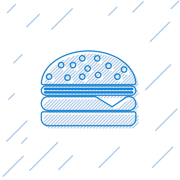 Icône de ligne Blue Burger isolée sur fond blanc. Icône de hamburger. Cheeseburger sandwich signe. Illustration vectorielle — Image vectorielle