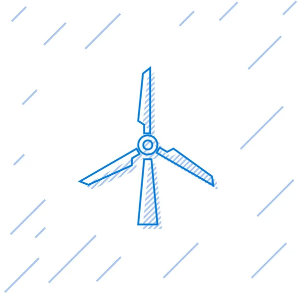 Icono de línea de aerogenerador azul aislado sobre fondo blanco. Cartel del generador eólico. Silueta de molino. Molino de viento para producción de energía eléctrica. Ilustración vectorial — Vector de stock