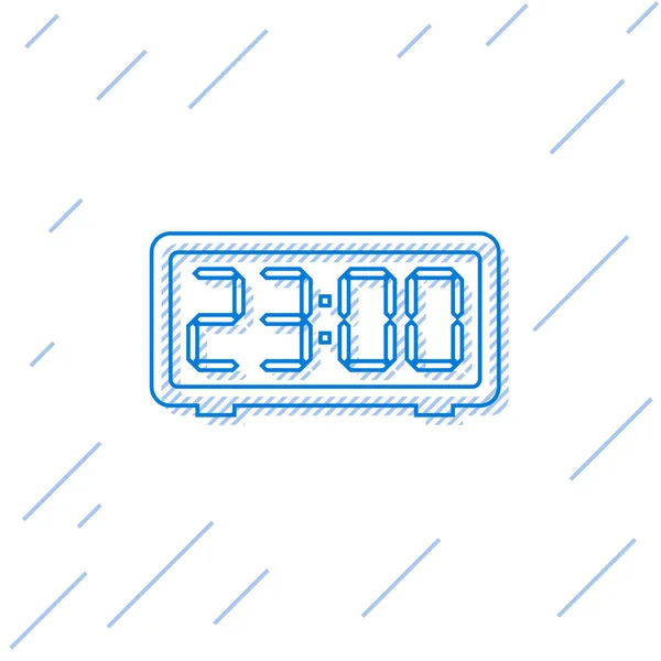 Blå Digital väckarklocka linje ikon isolerad på vit bakgrund. Elektronisk klocka väckarklocka. Tids ikonen. Vektor illustration — Stock vektor