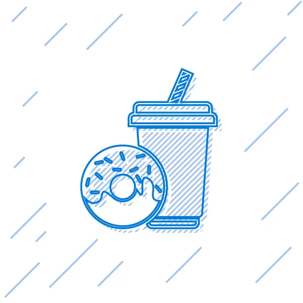 Синий содовый напиток с питьевой соломой и иконой линии пончика на белом фоне. Символ быстрого питания. Векторная миграция — стоковый вектор