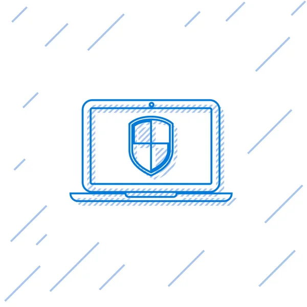 Μπλε laptop προστατεύεται με το εικονίδιο γραμμή σύμβολο ασπίδα απομονώνεται σε λευκό φόντο. Έννοια της ασφάλειας στο διαδίκτυο. Ασφάλεια υπολογιστή, τεχνολογία τείχους προστασίας, ασφάλεια απορρήτου. Απεικόνιση διανυσματικών φορέων — Διανυσματικό Αρχείο