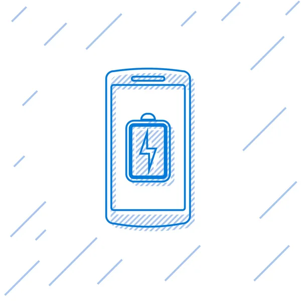 Ícone de linha de carga da bateria Smartphone azul isolado no fundo branco. Telefone com bateria fraca. Ilustração vetorial — Vetor de Stock