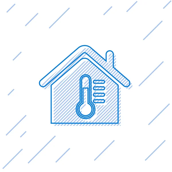 Blå Husets temperatur linje ikon isolerad på vit bakgrund. Termometer ikon. Vektor illustration — Stock vektor