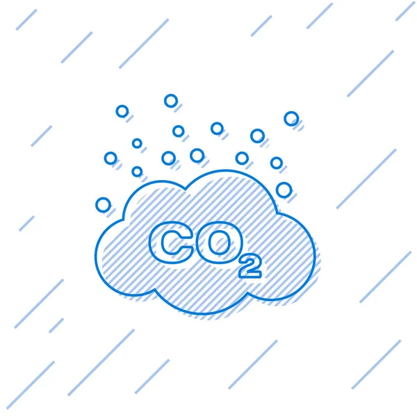 Blue CO2 emissions in cloud line icon isolated on white background. Carbon dioxide formula symbol, smog pollution concept, environment concept. Vector Illustration — Stock Vector