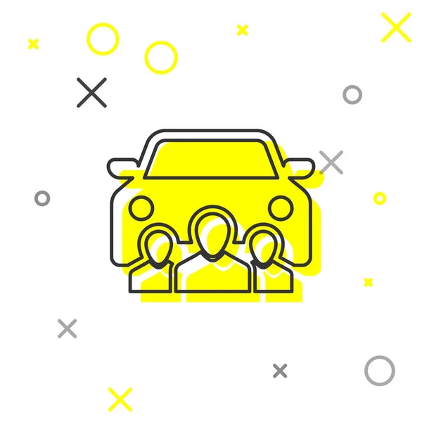 Graues Carsharing mit einer Gruppe von Menschen reiht sich isoliert auf weißem Hintergrund aneinander. Carsharing-Schild. Transportvermietungskonzept. Vektorillustration — Stockvektor