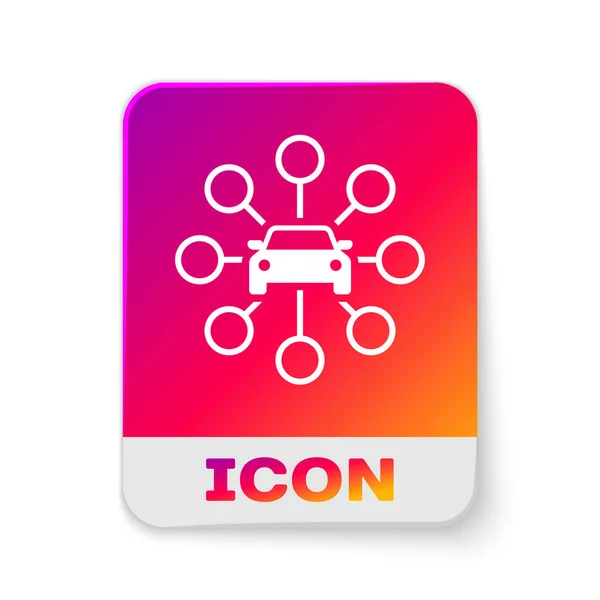 Icono para compartir coche blanco aislado sobre fondo blanco. Carsharing signo. Transporte alquiler concepto de servicio. Botón de color rectángulo. Ilustración vectorial — Archivo Imágenes Vectoriales