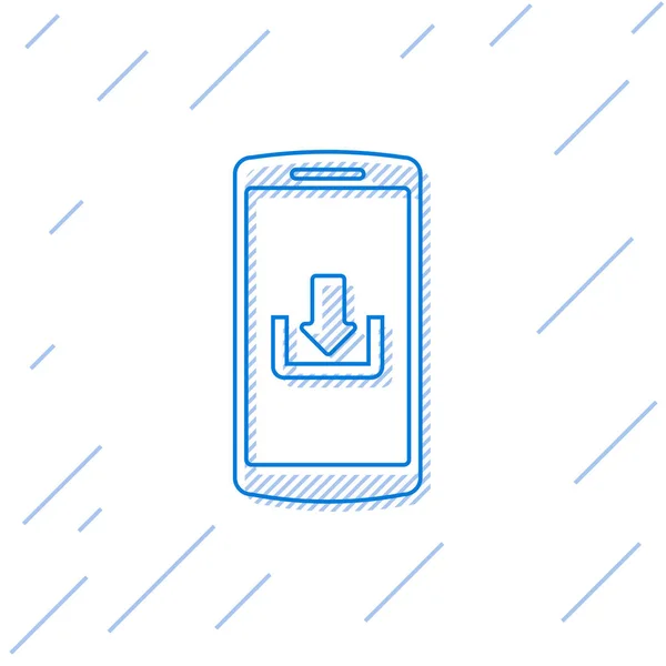 Smartphone azul con la línea de descarga icono aislado sobre fondo blanco. Ilustración vectorial — Vector de stock