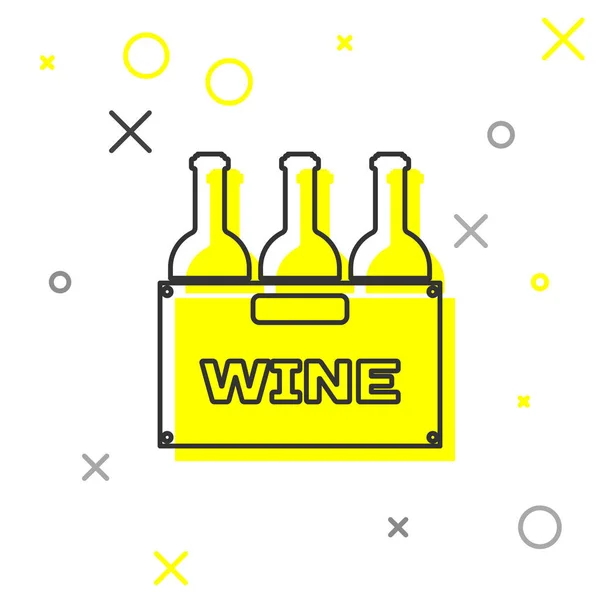 Bouteilles grises de vin dans une icône de ligne de boîte en bois isolé sur fond blanc. Bouteilles de vin dans une icône de caisse en bois. Illustration vectorielle — Image vectorielle