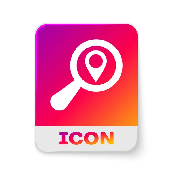 White Search location icon isolated on white background. Magnifying glass with pointer sign. Rectangle color button. Vector Illustration — Stock Vector