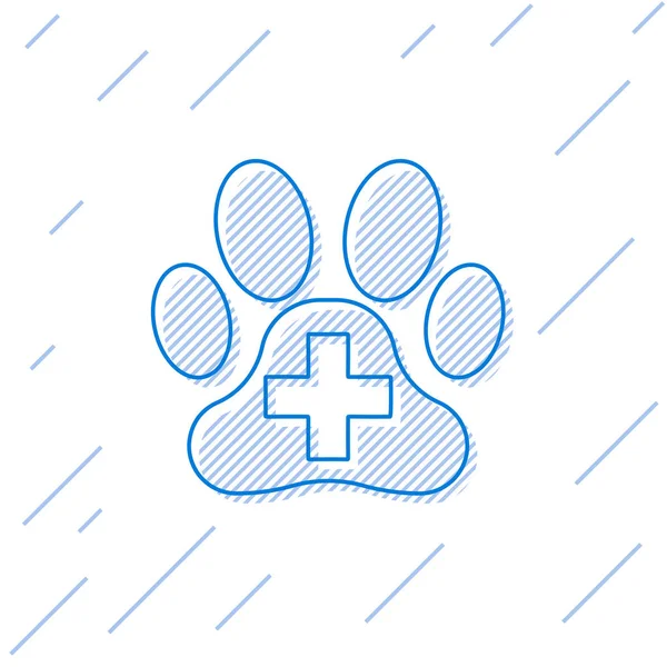Niebieski Klinika weterynaryjna ikona linii symbol na białym tle. Krzyż Szpital znak. Stylizowane Paw Print psa lub kota. PET znak pierwszej pomocy. Ilustracja wektorowa — Wektor stockowy