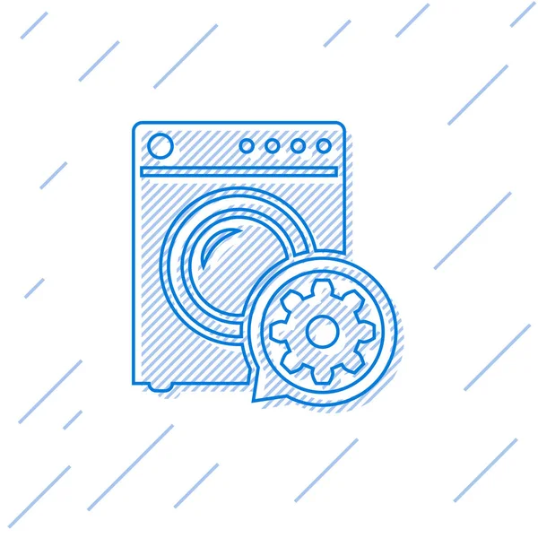 Blue Washer e ícone de linha de engrenagem isolado no fundo branco. Ajustar aplicativo, conceito de serviço, opções de configuração, manutenção, reparo, fixação. Ilustração vetorial —  Vetores de Stock