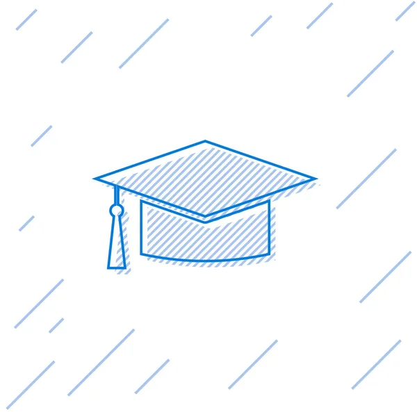 Icono de línea de la tapa de graduación azul aislado sobre fondo blanco. Sombrero de graduación con icono de borla. Ilustración vectorial — Archivo Imágenes Vectoriales