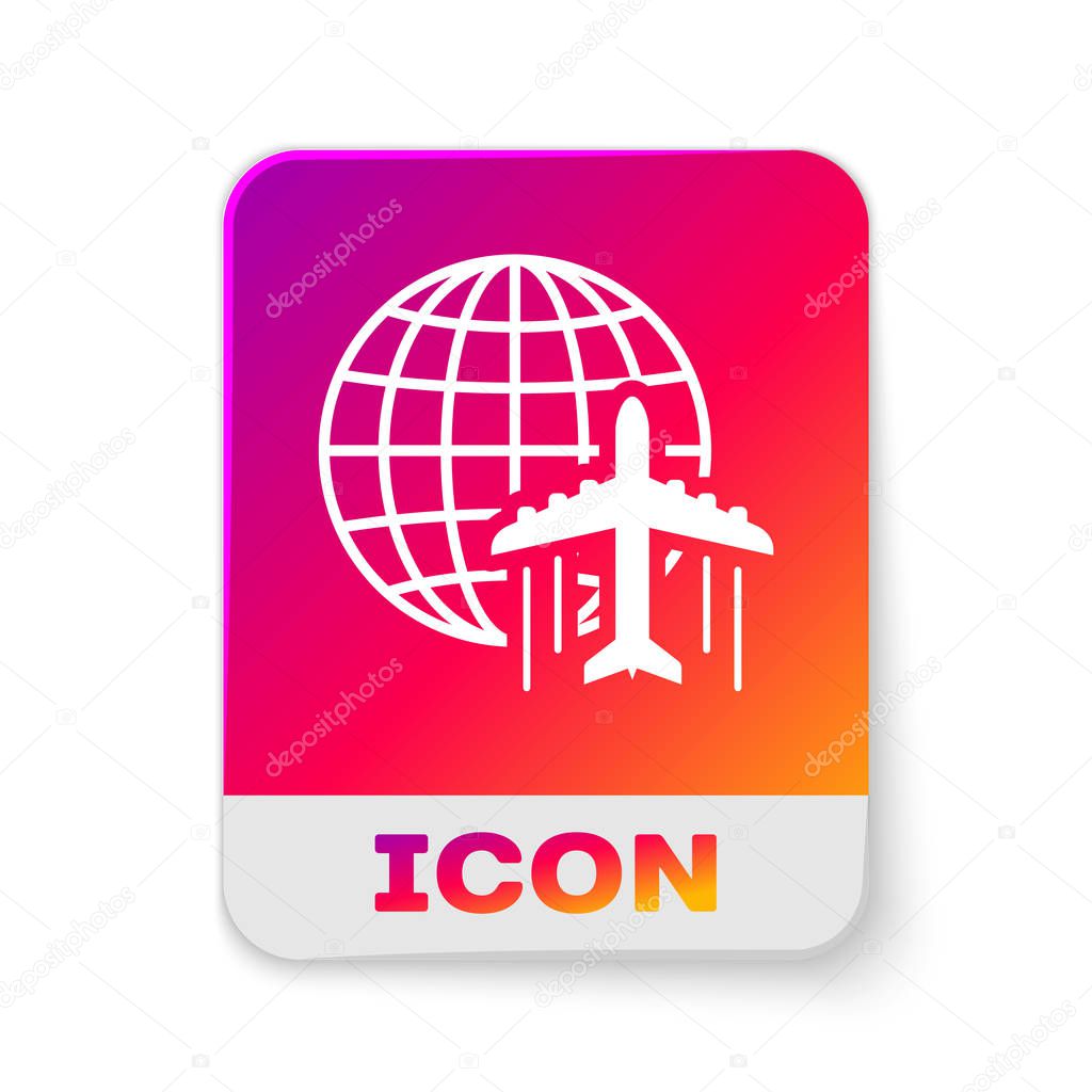 White Globe with flying plane icon isolated on white background. Airplane fly around the planet earth. Aircraft world icon. Rectangle color button. Vector Illustration