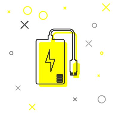 Beyaz arka planda yalıtılmış farklı şarj kablosu hattı simgesine sahip Gri Güç bankası. Taşınabilir şarj cihazı. Vektör İllüstrasyonu